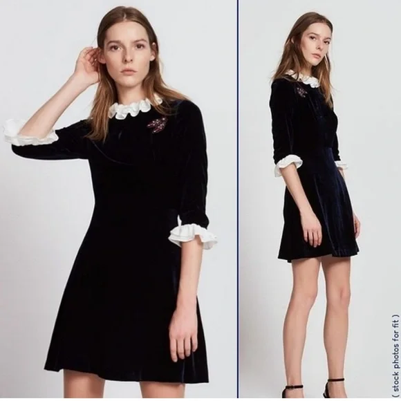 Sandro | Dresses | Sandro Kate Vvet Mini Dress Collared Beaded Hummingbird  Navy White Retro Size S | Poshmark